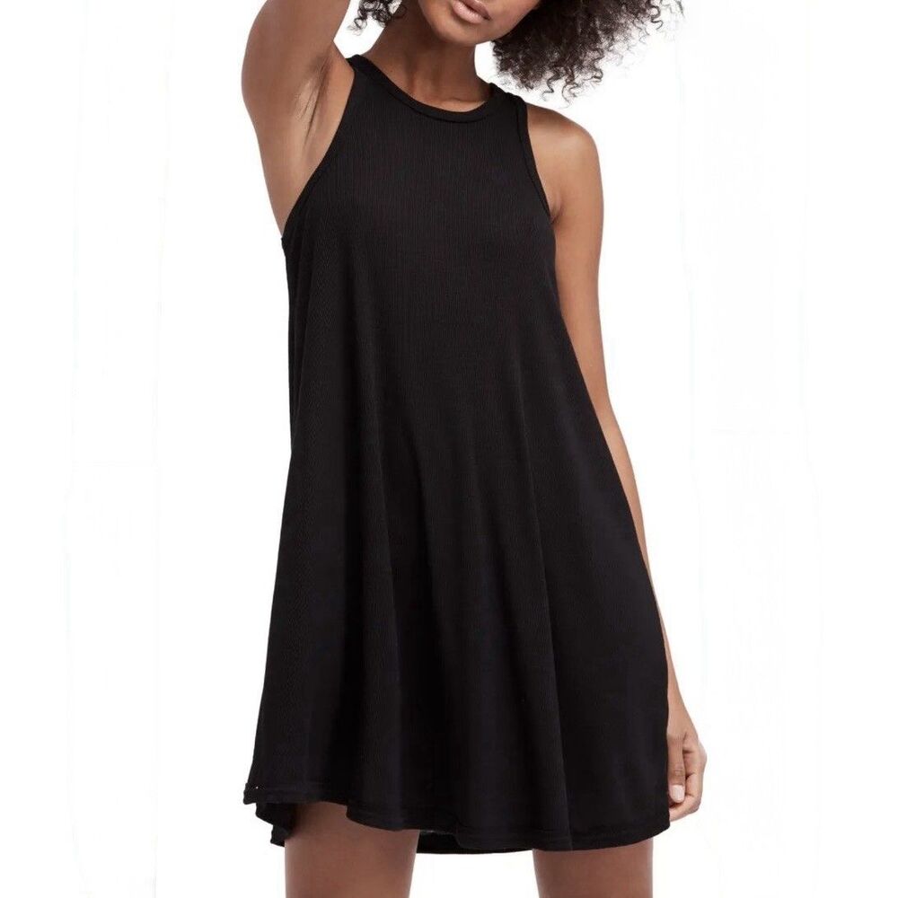 Free People Mini Dress Women’s Large Black Ribbed Sleeveless Tank Shirt Dress L